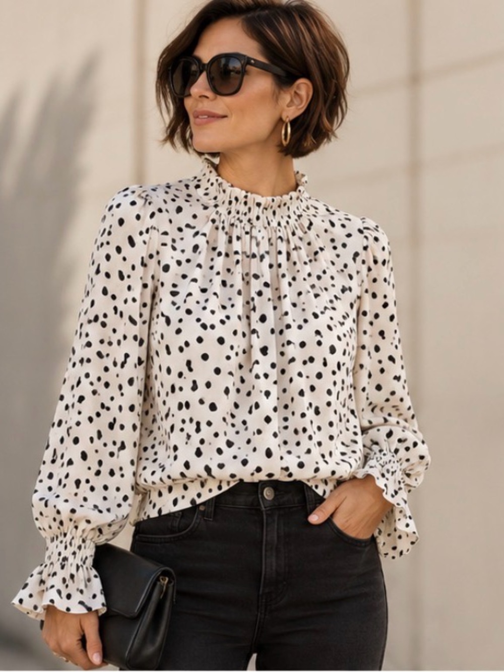 Sanctuary Cream Blouse with Black Polka Dot Print